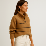 Load image into Gallery viewer, Marine Striped Button Sweater | Cream Cotton Knit | Effortless French Ease
