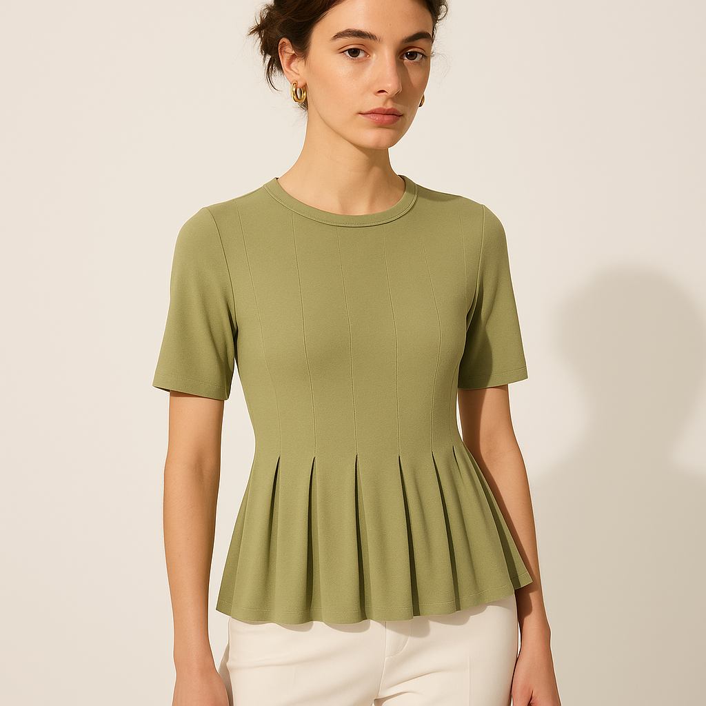 Pleated Hem Knit Top | Fitted Waist | Short Sleeve