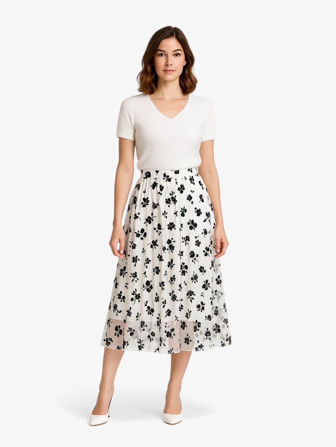 Jupe Midi Plissée | Superposition Mesh Floral | Silhouette A-line