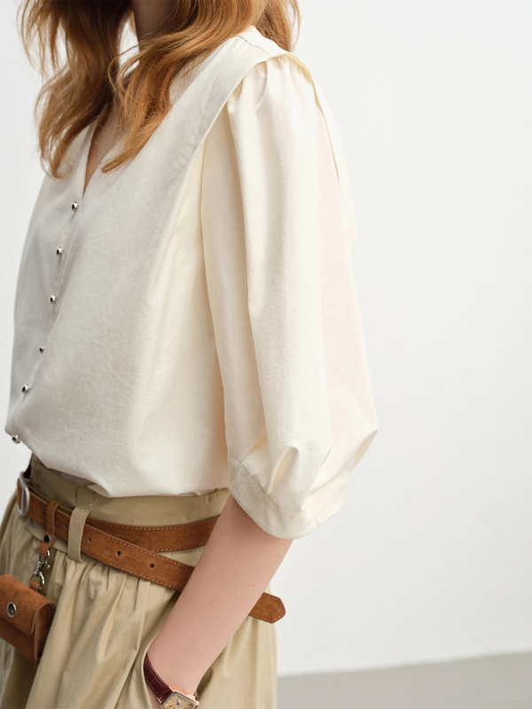 V-Neck Puff Sleeve Blouse | Relaxed Fit | Button Detailing