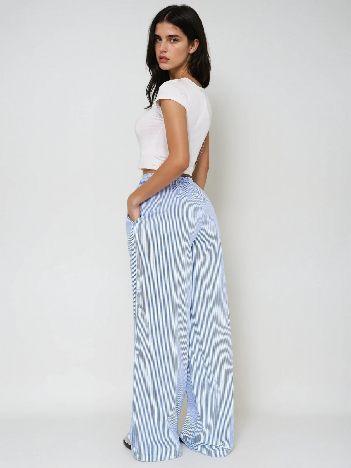 Pantalon Large Rayé | Taille Élastique Coupe Relaxe