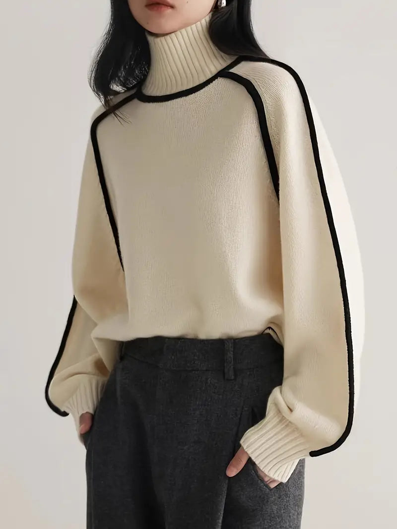 Wool Blend Turtleneck Sweater | Contrast Trim | Relaxed Fit