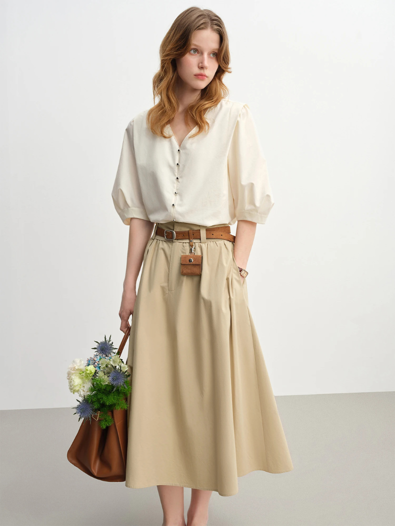 Blouse à V-Col et Manches Bouffantes | Coupe Relaxed | Détails Boutons