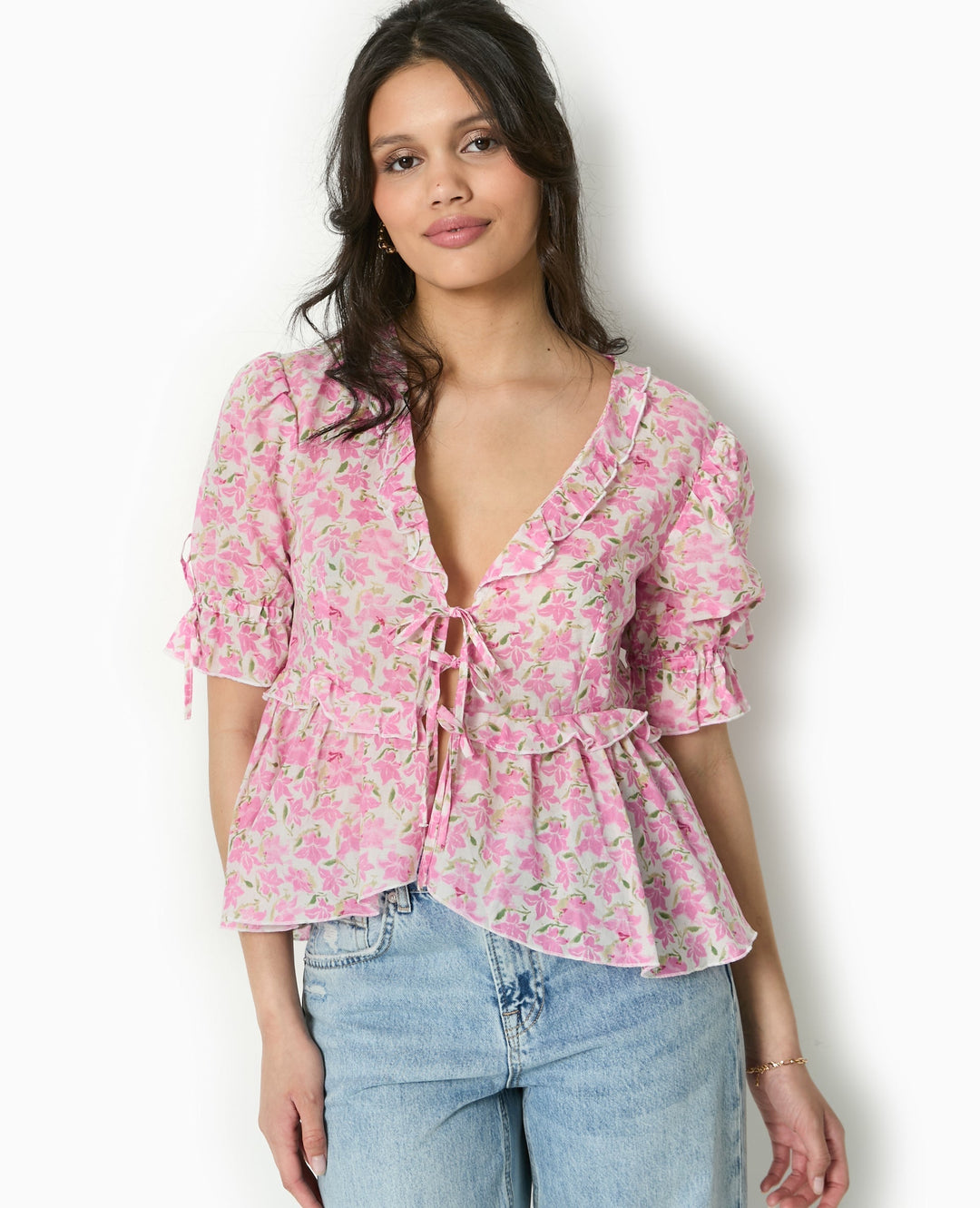 Clarté Floral Blouse | Ruffled V-Neck | Puff Sleeves