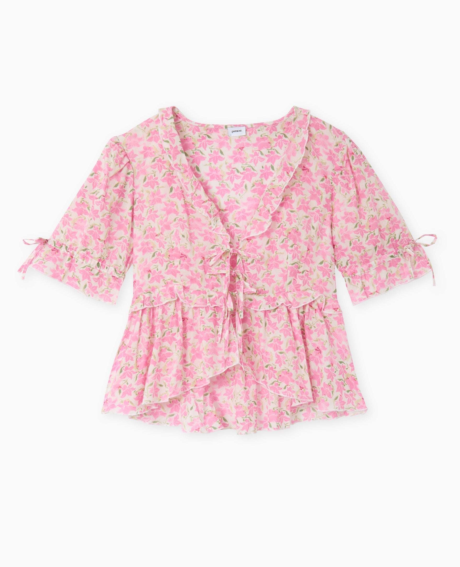 Blouse Florale Clarté | Col V Volants | Manches Ballon
