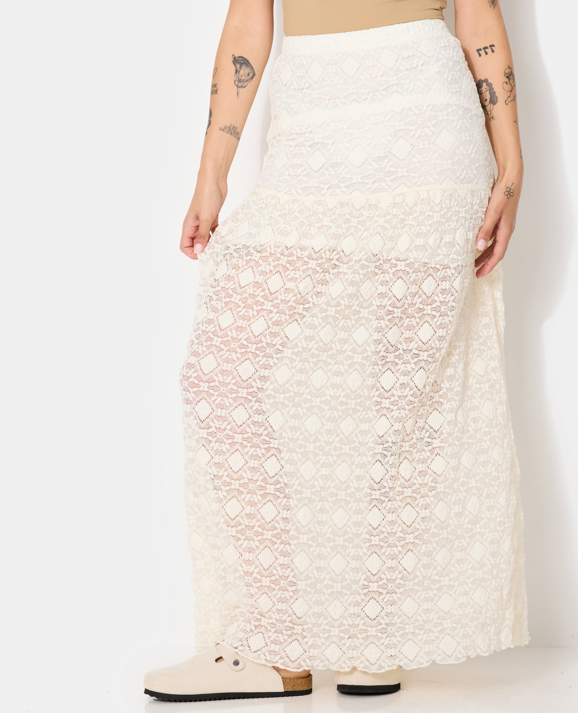 Jupe Maxi en Dentelle | Superposition Transparente et Silhouette Droite