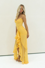 Load image into Gallery viewer, Lueur Ruffle Satin Maxi Dress | Spaghetti Straps, Waterfall Front, Train Hem
