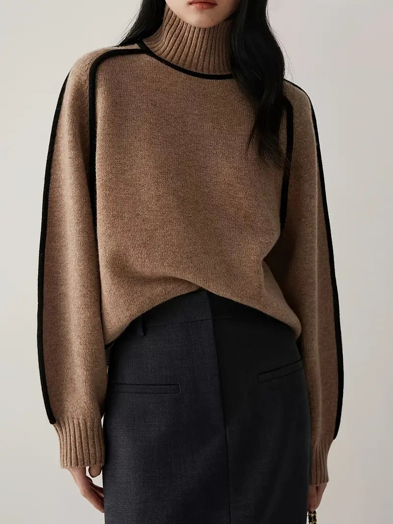 Wool Blend Turtleneck Sweater | Contrast Trim | Relaxed Fit