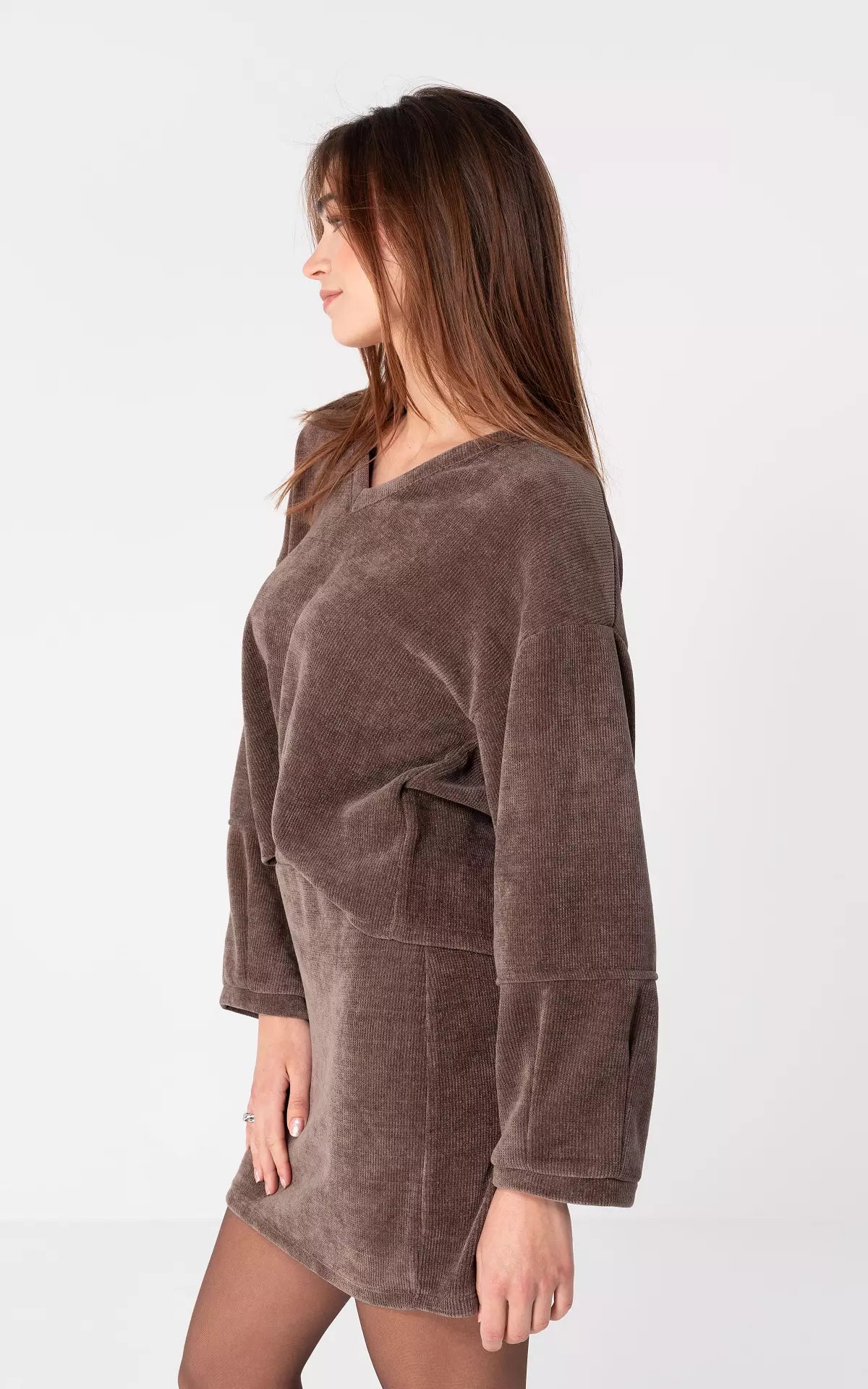 Robe Minuit Tricot Mini Set | Sweater V-Col & Jupe | Fil Mélangé Doux