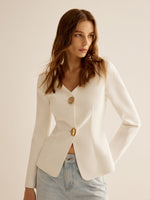 Load image into Gallery viewer, V-Neck Fitted Blazer | Gold Button Detail | Sculpted Silhouette
