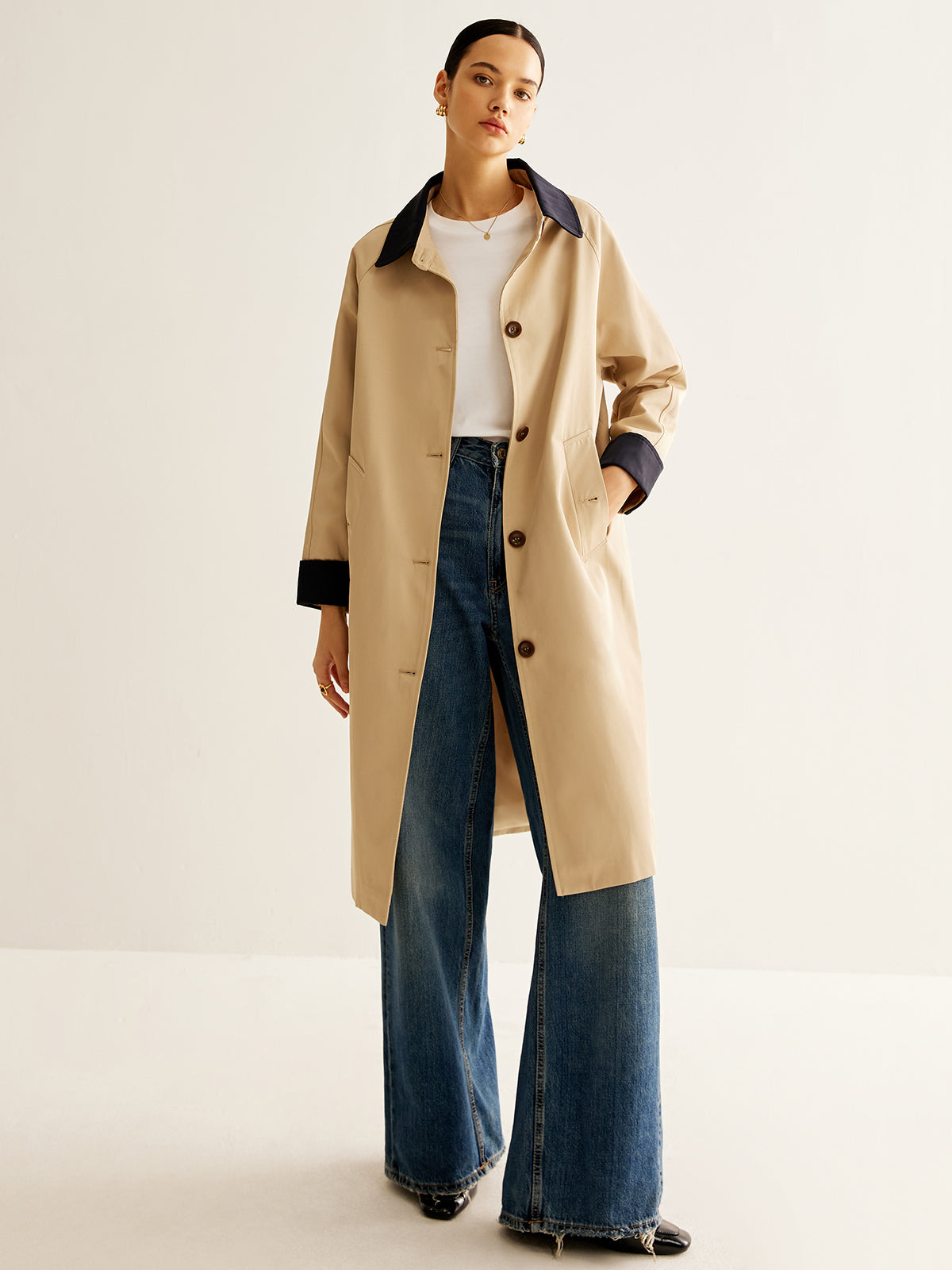 Manteau Trench Simple | Col Contrasté | Longueur Moyenne