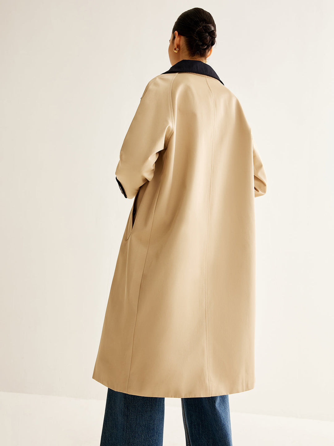 Single Breasted Trench Coat | Contrast Collar | Mid-Length