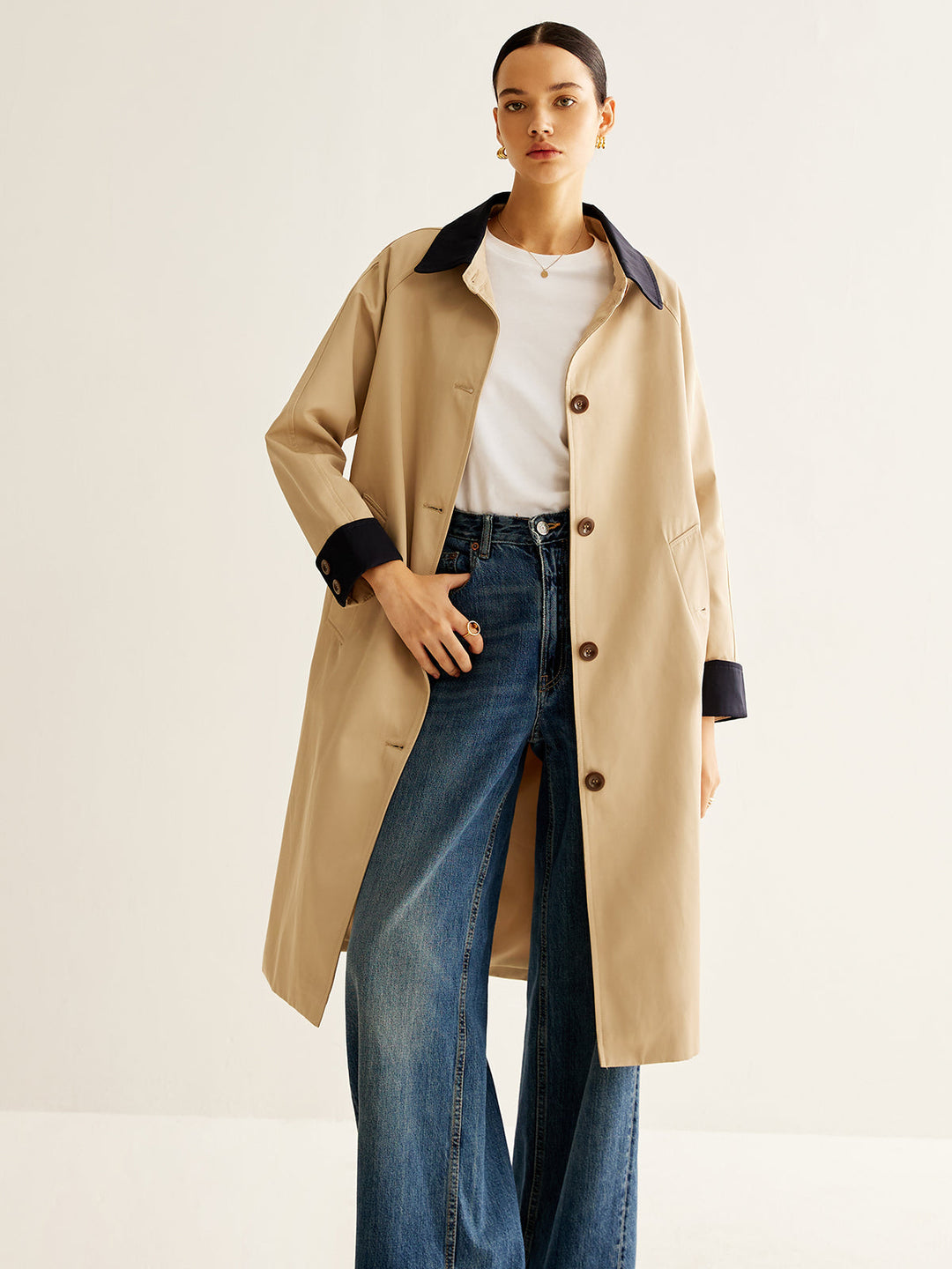Single Breasted Trench Coat | Contrast Collar | Mid-Length