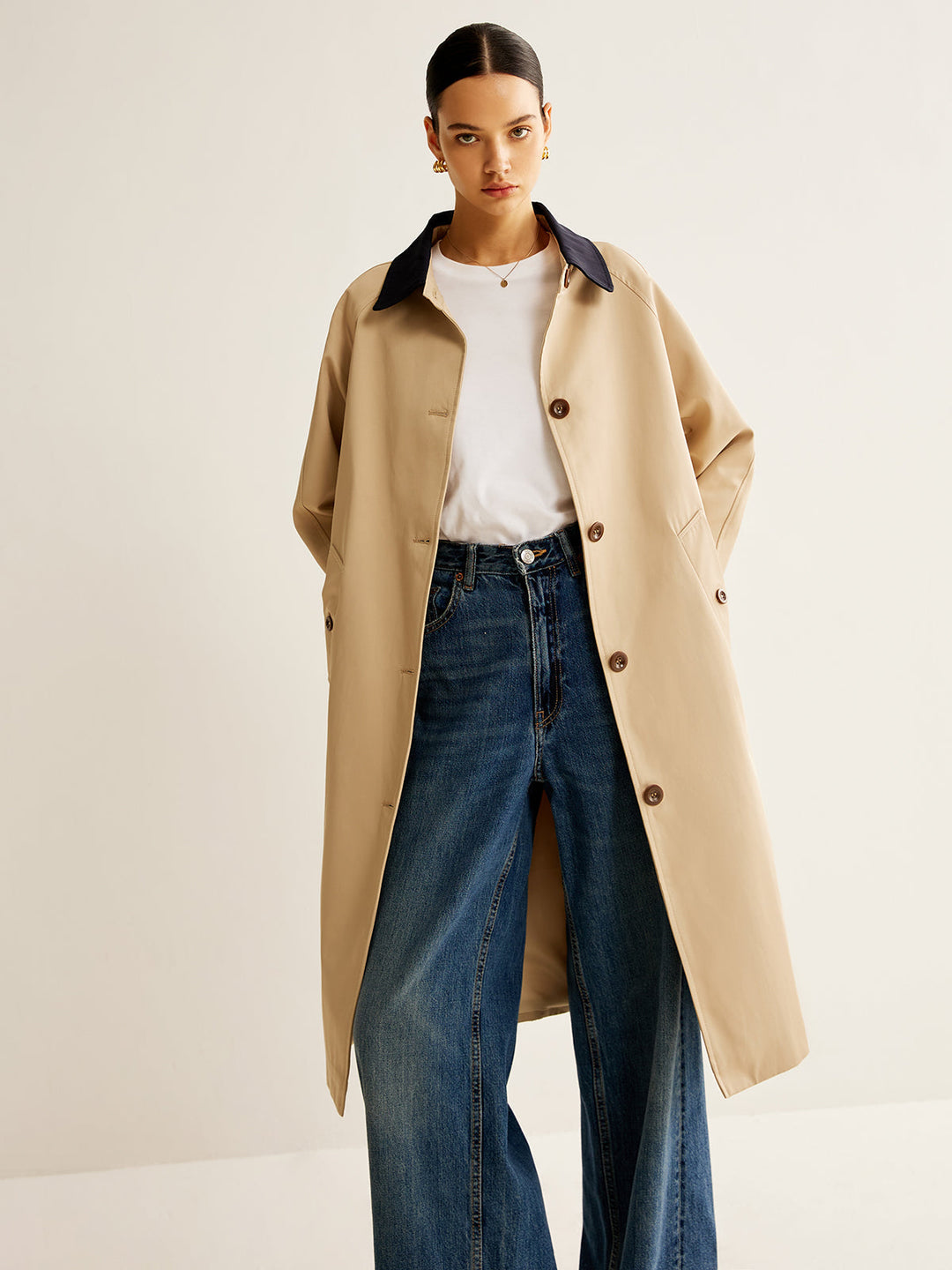 Single Breasted Trench Coat | Contrast Collar | Mid-Length