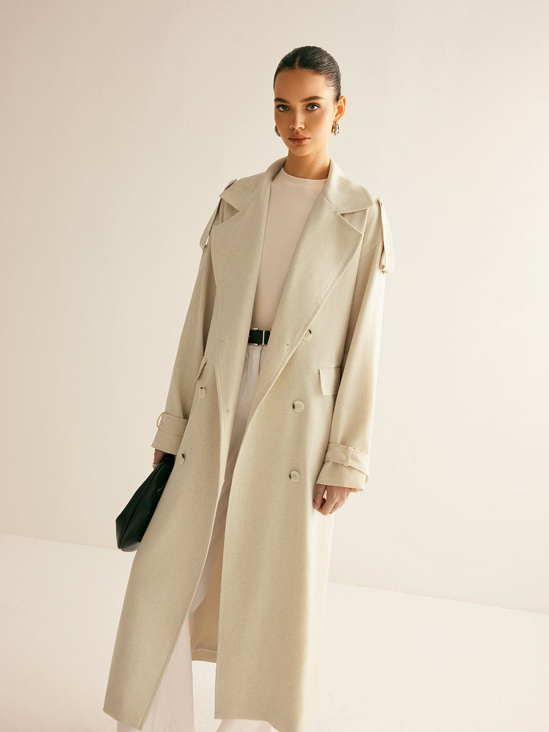 Wool Blend Long Coat | Double Breasted | Belted Silhouette