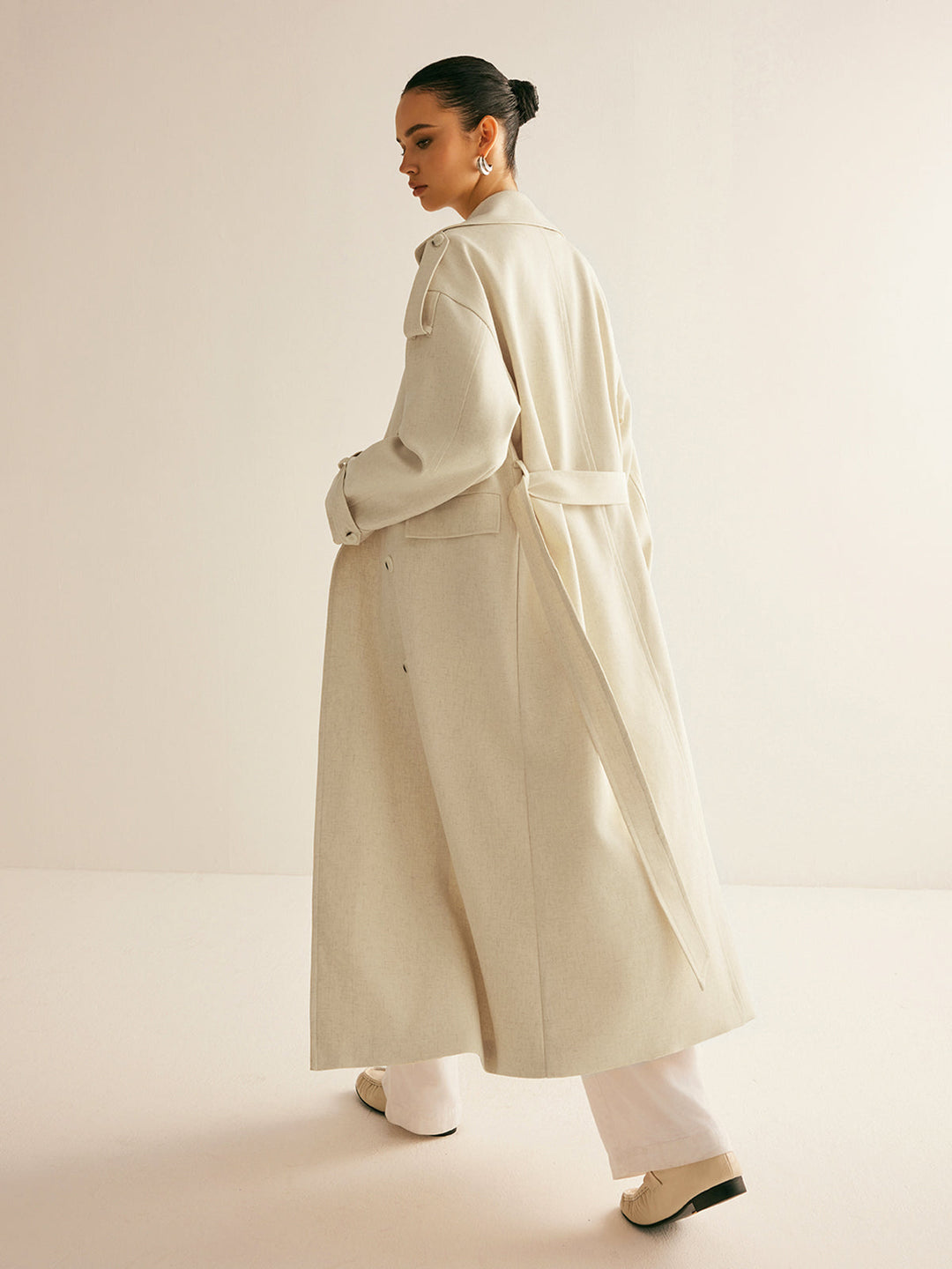 Wool Blend Long Coat | Double Breasted | Belted Silhouette