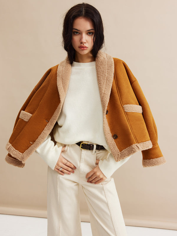 Fondamentale Camel Contrast Jacket | Fold Collar | Soft Textured Finish