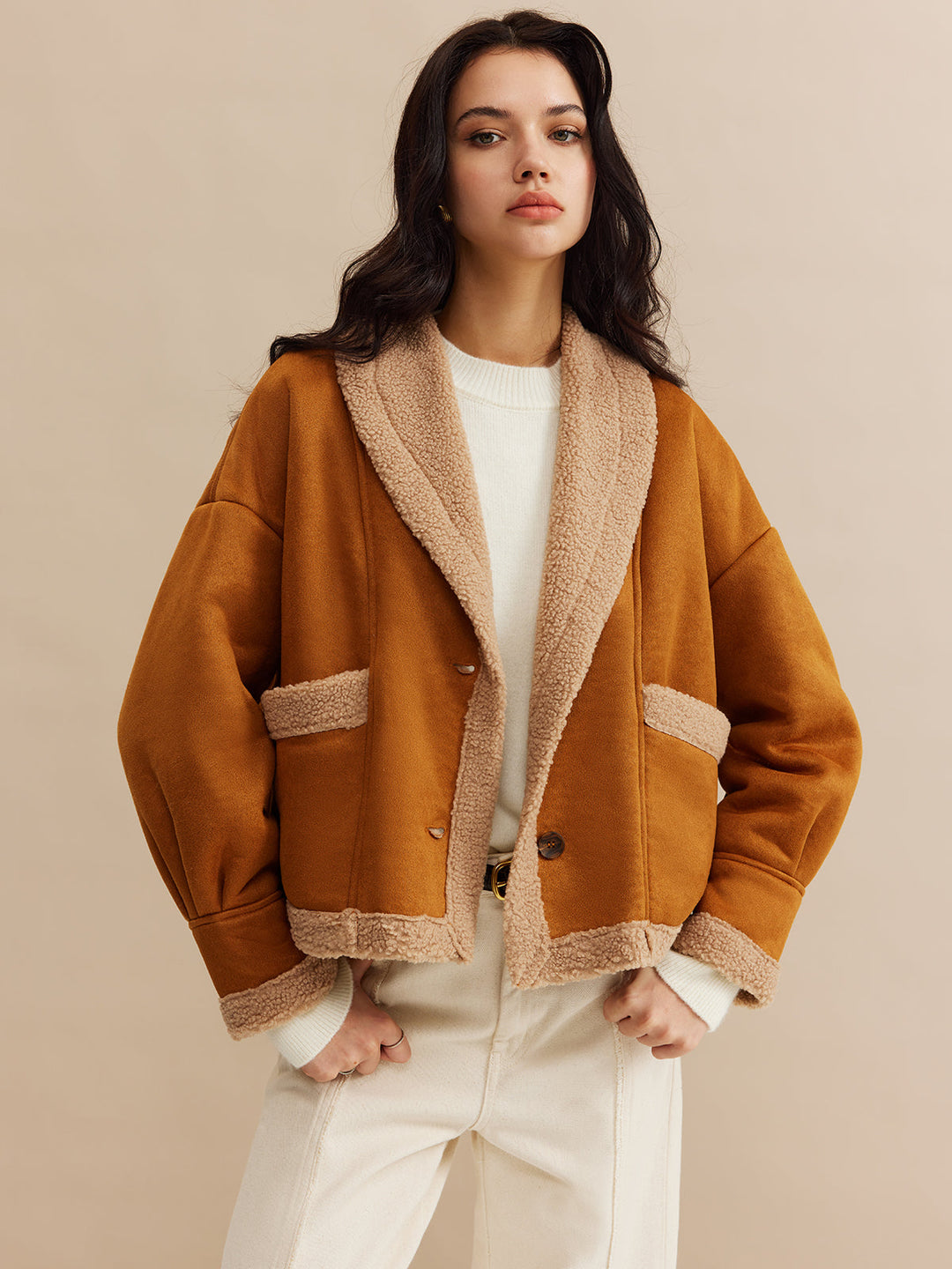 Fondamentale Camel Contrast Jacket | Fold Collar | Soft Textured Finish