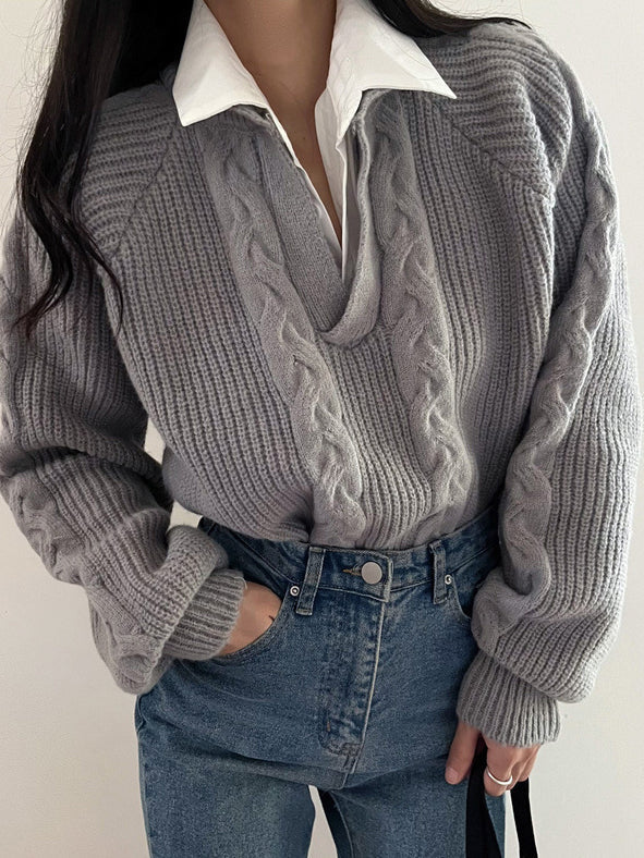 Pull en Maille Cable V Col Retro | Col Retourné | Coupe Relaxée