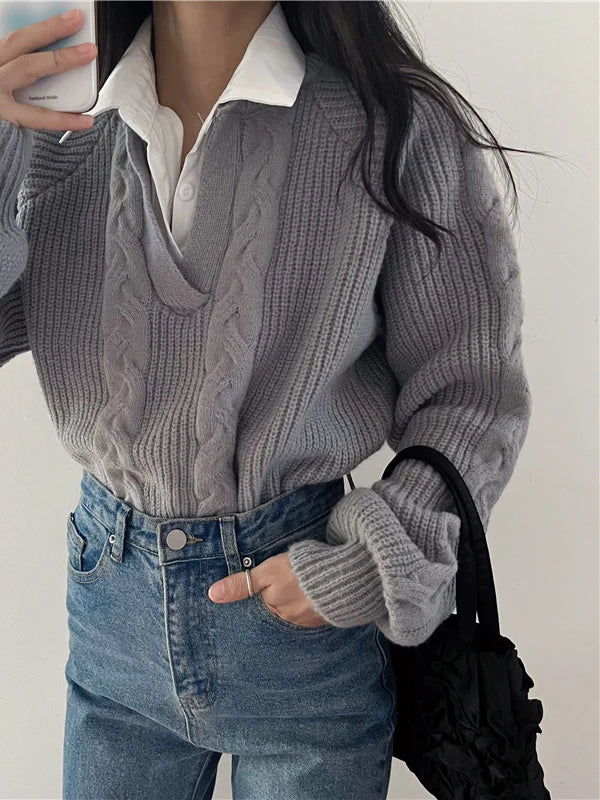 Pull en Maille Cable V Col Retro | Col Retourné | Coupe Relaxée