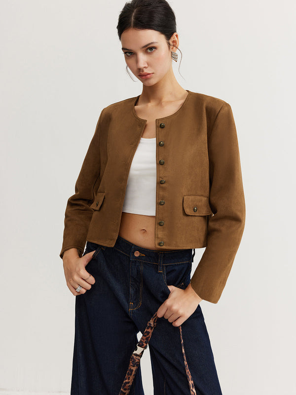 Fondamentale Cropped Button Jacket | Minimalist Silhouette | Round Neck