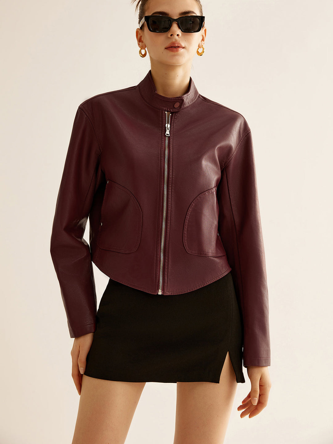 Cropped Faux Leather Jacket | Stand Collar | Minimalist Design