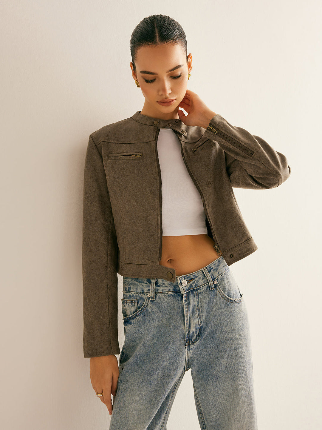 Cropped Suede-Effect Jacket | Minimalist Moto Style