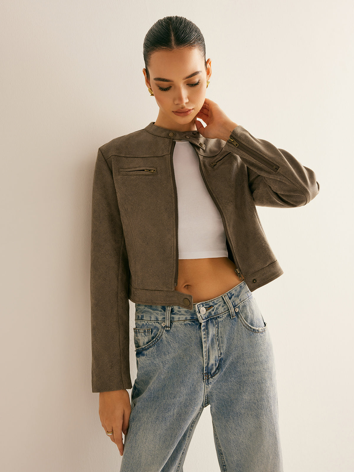 Veste Cropped Effet Suède | Style Minimaliste Moto