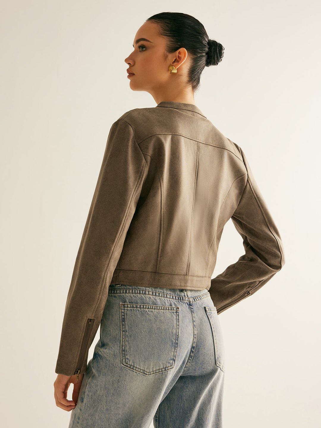 Cropped Suede-Effect Jacket | Minimalist Moto Style