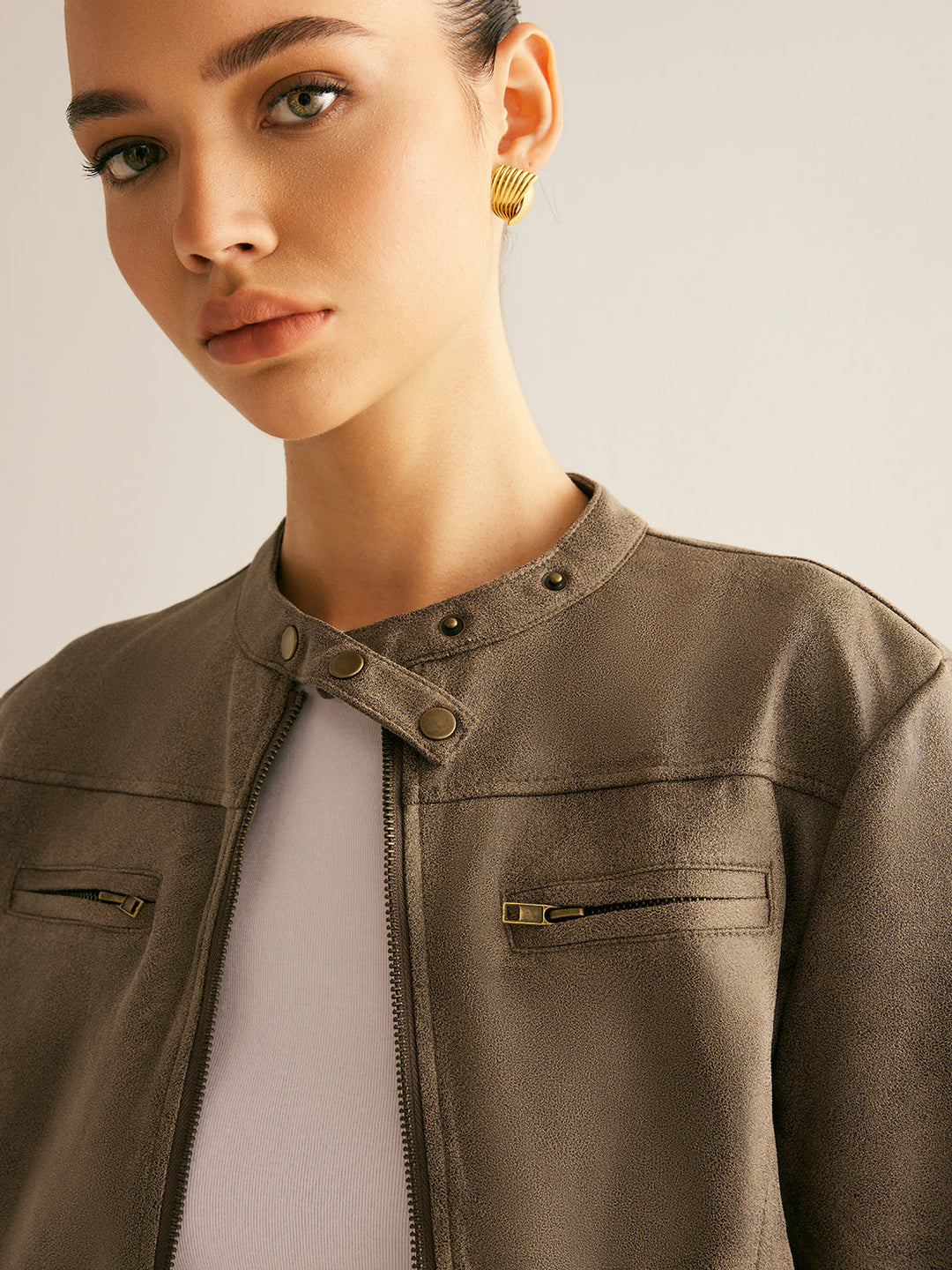 Cropped Suede-Effect Jacket | Minimalist Moto Style