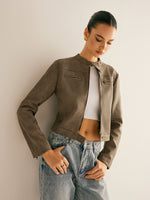 Load image into Gallery viewer, Cropped Suede-Effect Jacket | Minimalist Moto Style
