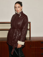 Load image into Gallery viewer, Métier Faux Leather Aviator Coat | Shearling Lining | Belted Waist
