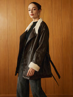 Load image into Gallery viewer, Métier Faux Leather Aviator Coat | Shearling Lining | Belted Waist
