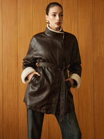 Load image into Gallery viewer, Métier Faux Leather Aviator Coat | Shearling Lining | Belted Waist
