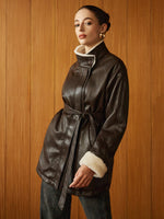 Load image into Gallery viewer, Métier Faux Leather Aviator Coat | Shearling Lining | Belted Waist
