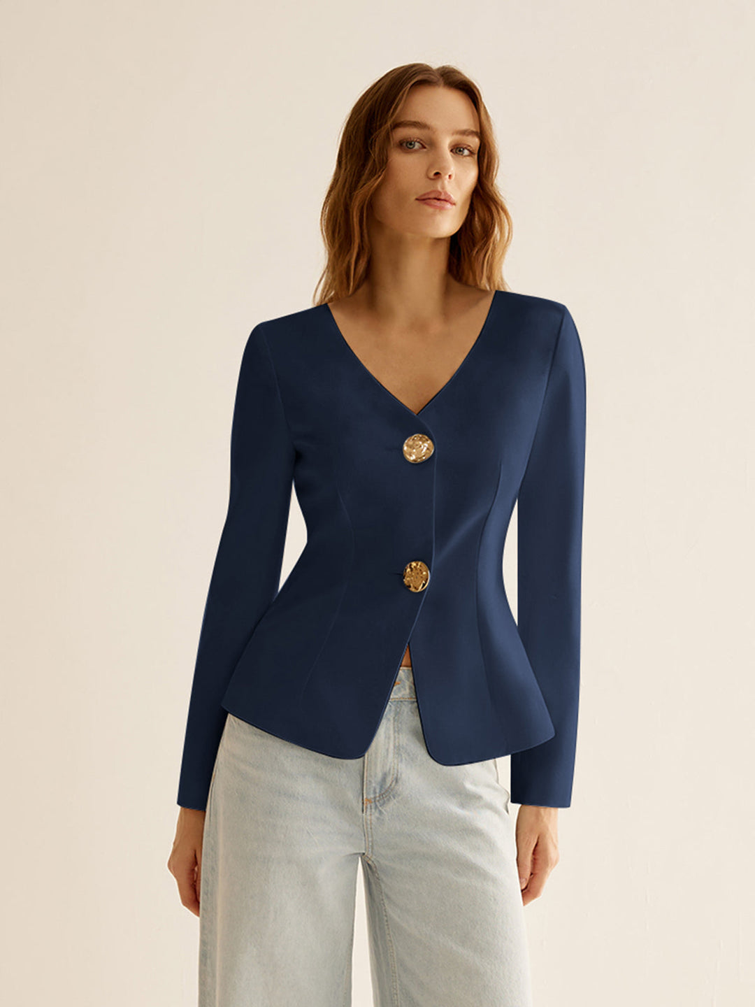 V-Neck Fitted Blazer | Gold Button Detail | Sculpted Silhouette