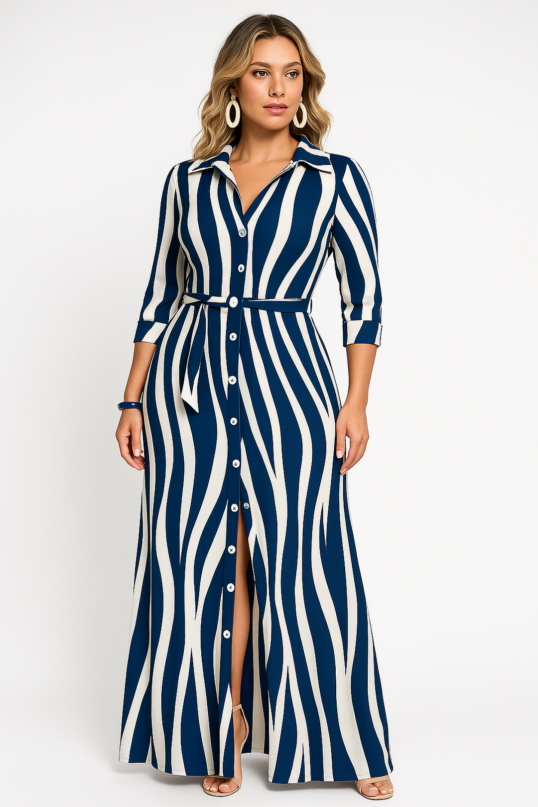 Striped Shirt Maxi Dress | Button Front with Waist Tie