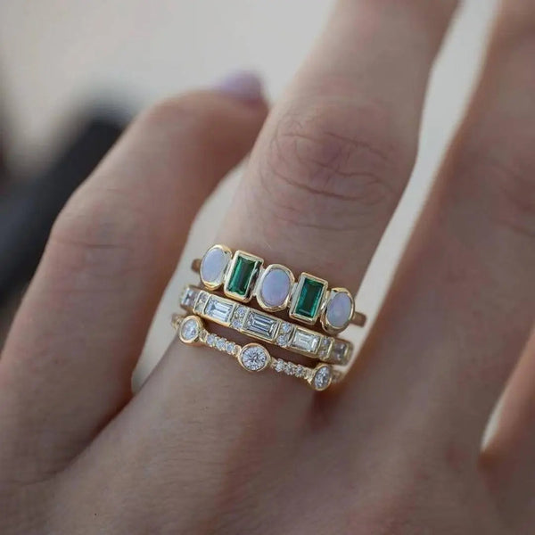 Stacked Opal & Emerald Ring Set | Three-Piece Cocktail Design