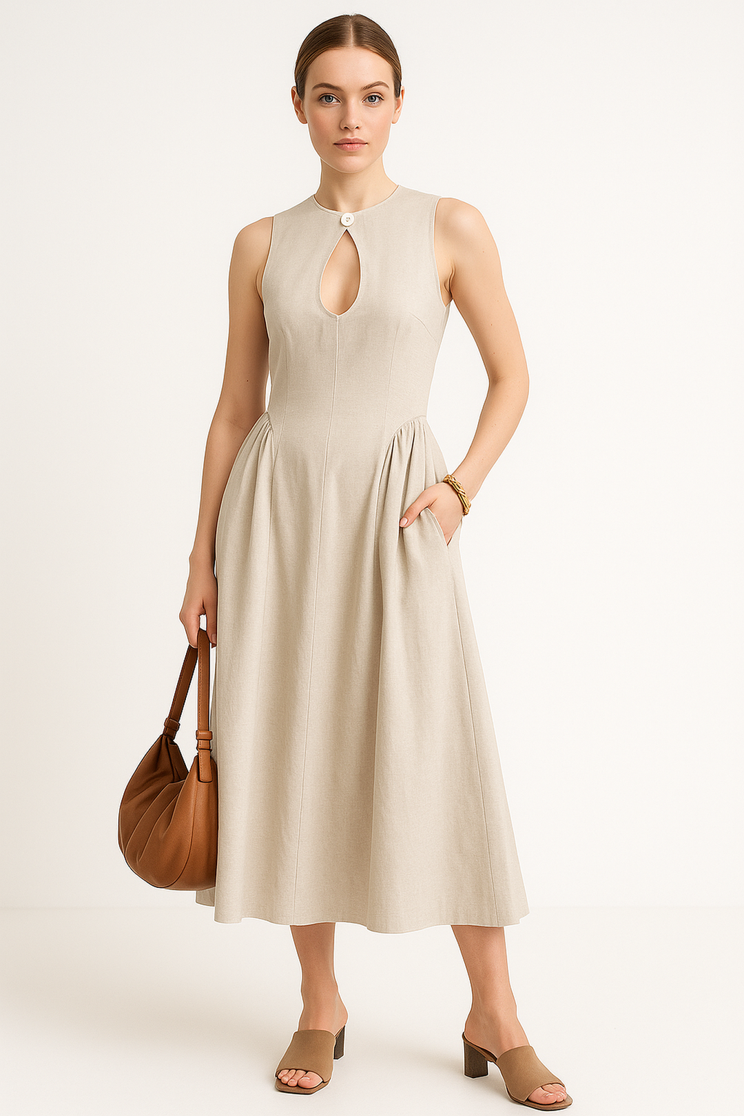 Sleeveless Midi Dress | Keyhole Cutout and Pleated Skirt