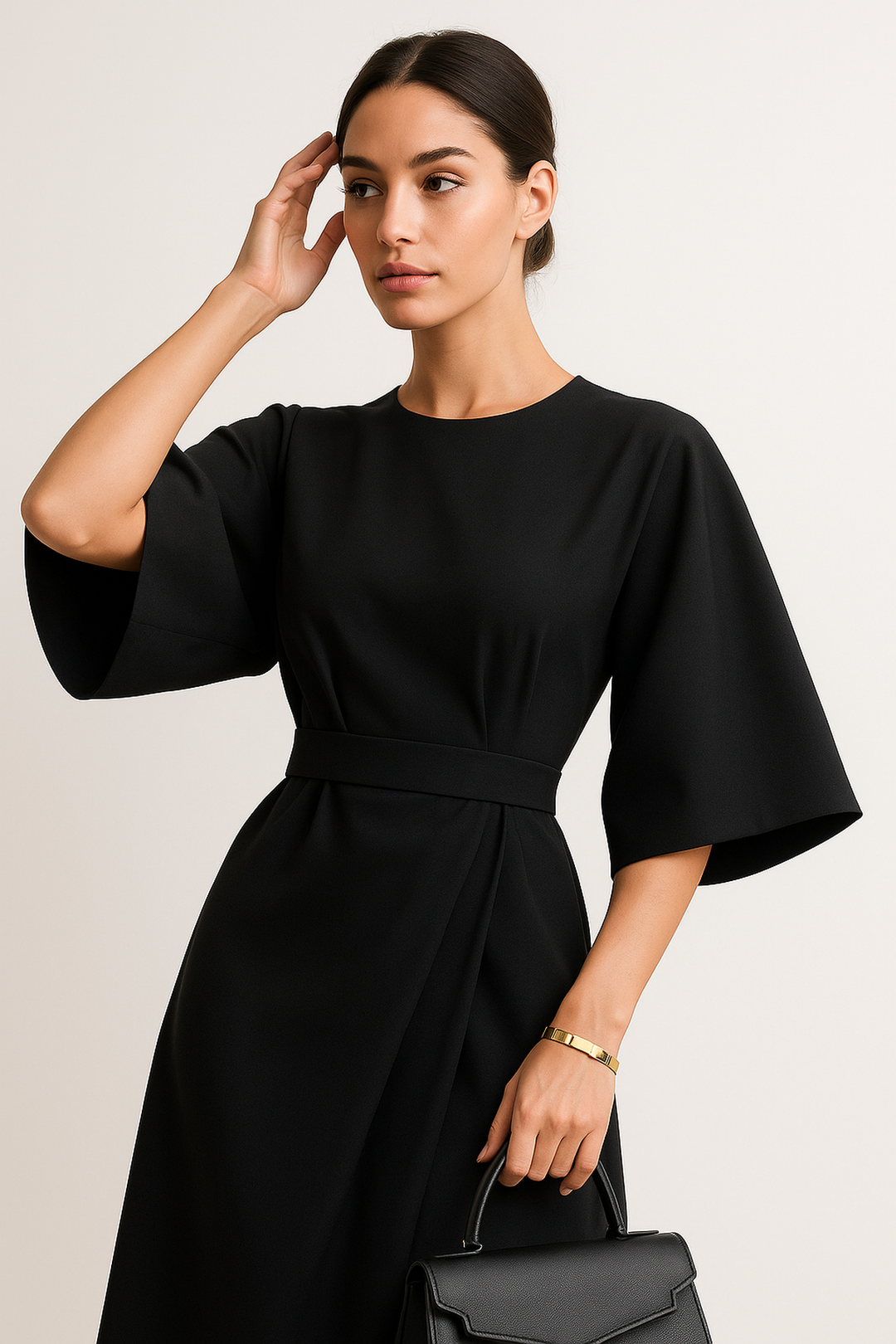 Batwing Sleeve Midi Dress | Belted A-Line Silhouette