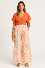 Load image into Gallery viewer, Cropped V-neck Top and Wide Leg Printed Trousers Set | High Waist
