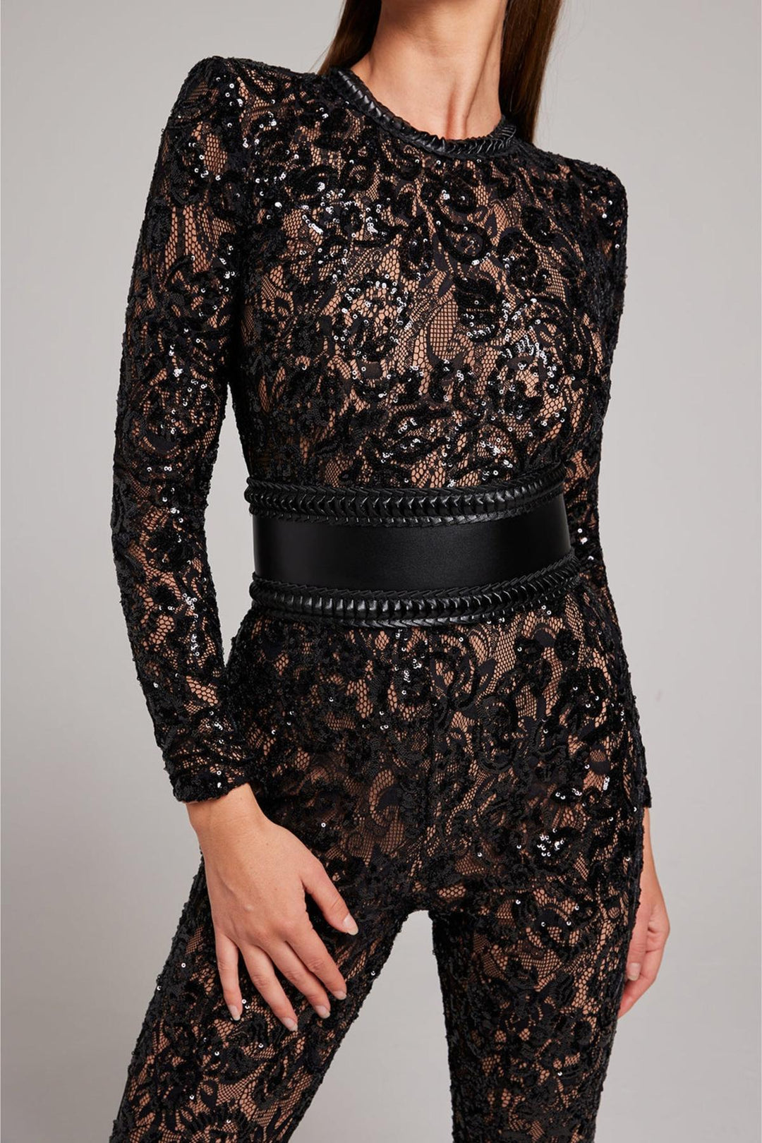 Minuit Lace Sequin Jumpsuit | High Waist | Long Sleeve | Flared Leg