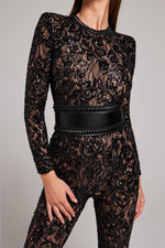 Load image into Gallery viewer, Minuit Lace Sequin Jumpsuit | High Waist | Long Sleeve | Flared Leg
