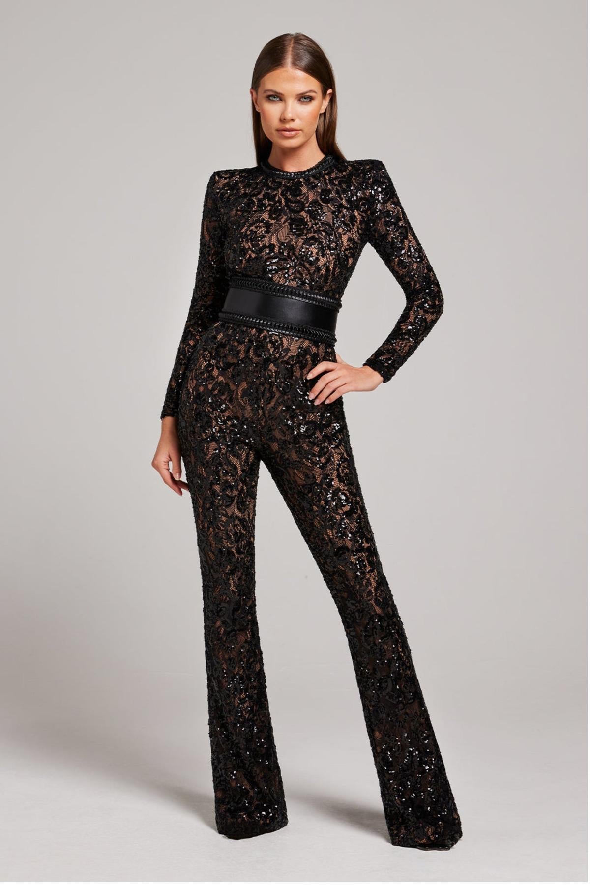 Jumpsuit en Dentelle et Sequins | Haut Taille | Manches Longues | Jambe Évasée