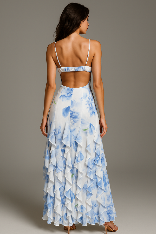 Clarté Ruffled Floral Maxi Dress | V-Neck, Tiered Layers, Spaghetti Straps