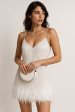 Load image into Gallery viewer, Lueur Feather Mini Dress | Spaghetti Straps | Fringe Detailing
