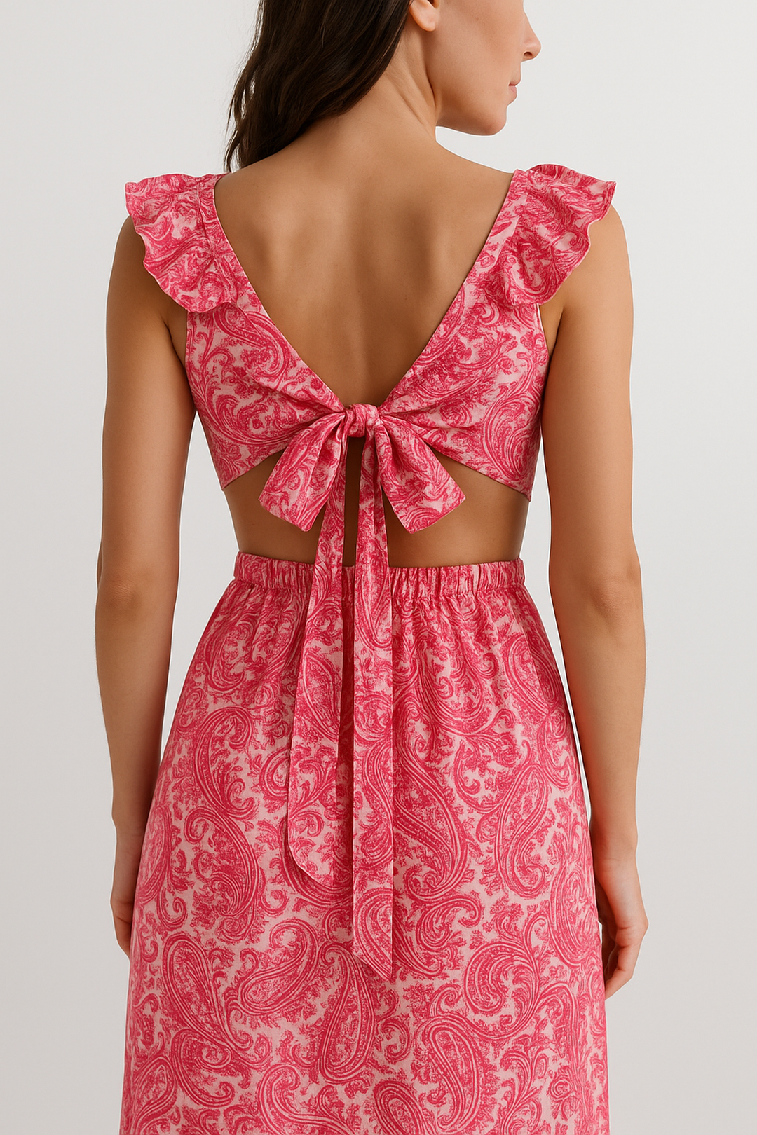 Paisley V-Neck Maxi Dress | Cut-Out Waist | Ruffled Hem