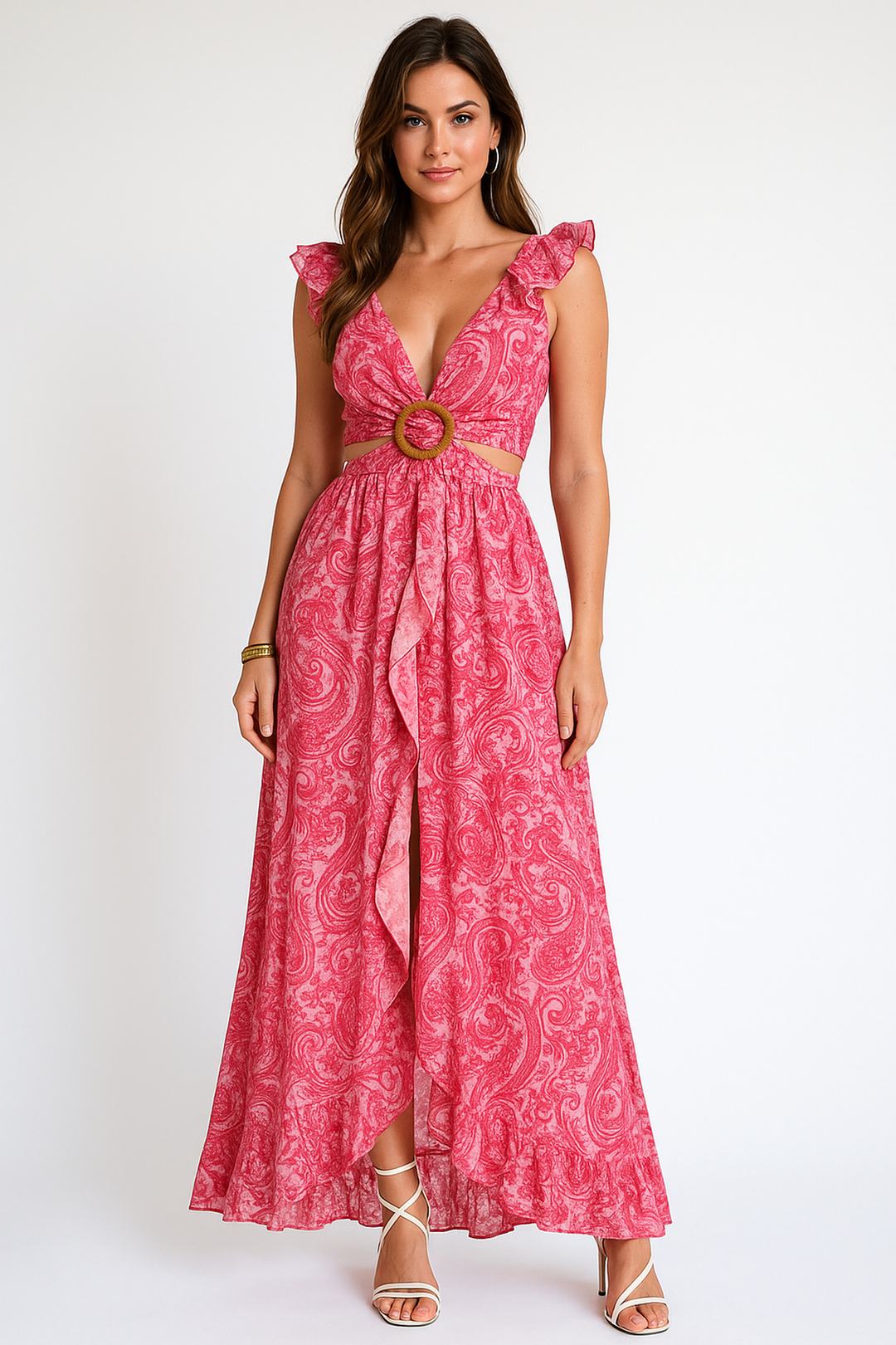 Paisley V-Neck Maxi Dress | Cut-Out Waist | Ruffled Hem