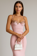 Load image into Gallery viewer, Clarté Floral Appliqué Bodycon Maxi Dress | Spaghetti Straps | Wrap Waist
