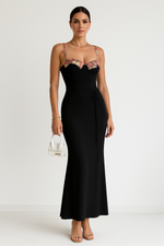 Load image into Gallery viewer, Clarté Floral Appliqué Bodycon Maxi Dress | Spaghetti Straps | Wrap Waist
